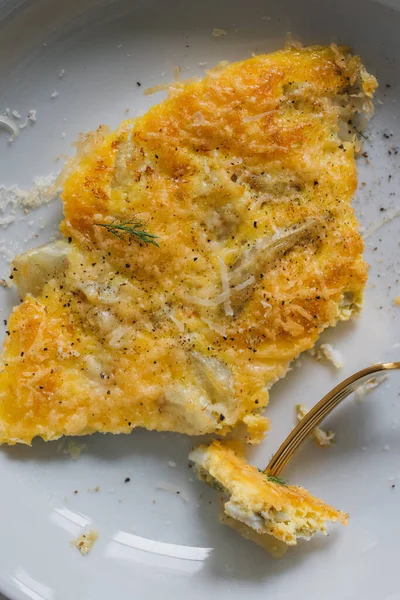Fennel Frittata Parmesan Cheese White Plate Gold Fork — Stock Photo, Image