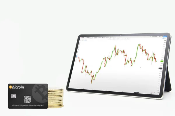 Uma Tela Com Bitcoin Trading Forex Graph Cartão Bitcoin Moedas — Fotografia de Stock