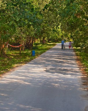 Parkta yürüyen yaşlı bir çiftin dikey görüntüsü.