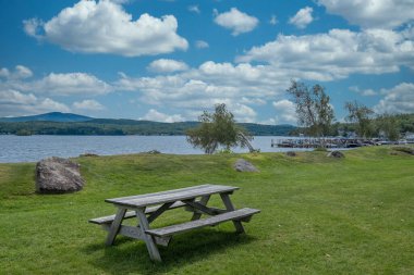 Güneşli bir günde piknik masası olan bir tarladan güzel bir göl manzarası