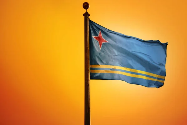 Cyfrowa Ilustracja Flagi Aruba Machająca Przeciw Jasnemu Żółtemu Niebu — Zdjęcie stockowe