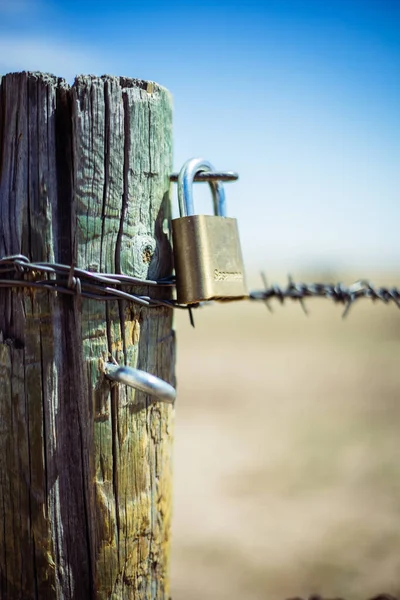 Plan Vertical Vieux Cadenas Sur Une Clôture Barbelés Aux États — Photo