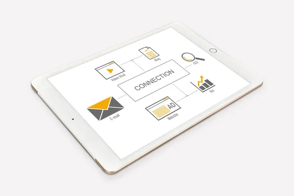 Tablet Con Una Presentazione Sulla Connessione Sul Suo Schermo Isolato — Foto Stock