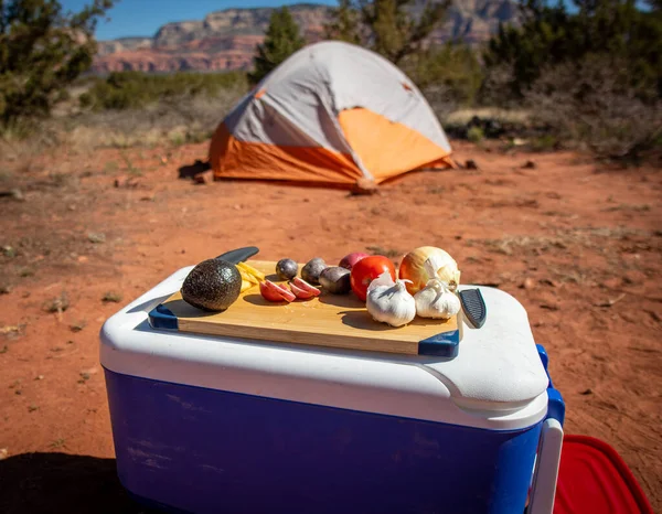 Closeup Shot Fresh Vegetables Top Cooler Box Campsite Sedona Arizona — Stock Photo, Image