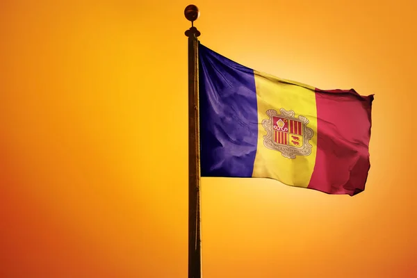 Una Ilustración Digital Bandera Andorra Ondeando Contra Cielo Amarillo Brillante — Foto de Stock