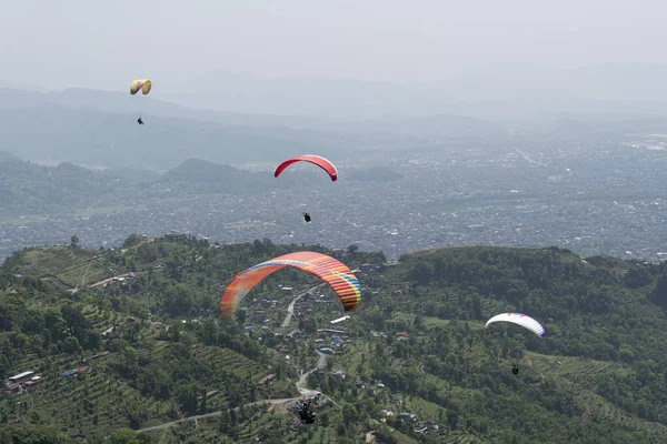 Aerial View Paragliders Flying Sky Lush Fields Pokhara Nepal — Stock Photo, Image