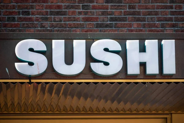Primer Plano Signo Blanco Azul Sushi —  Fotos de Stock