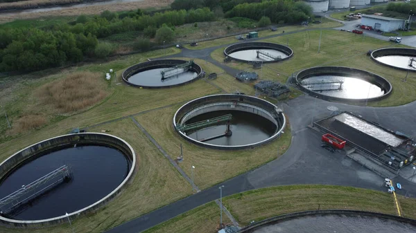 Aerial View Wastewater Treatment Plant Clarifiers Filtration Dirty Water River — Stock Photo, Image