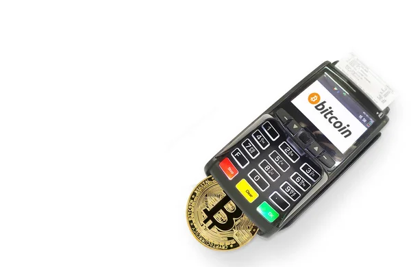 Terminal Pos Para Pagamentos Bitcoin Isolado Fundo Branco — Fotografia de Stock