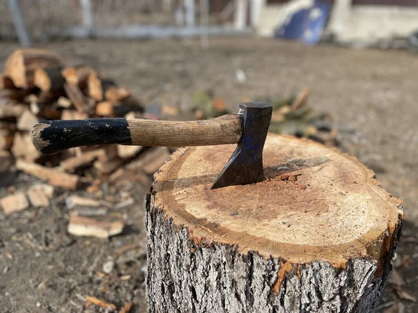 Old Wooden Handle Stuck Wooden Log — Stock Photo, Image