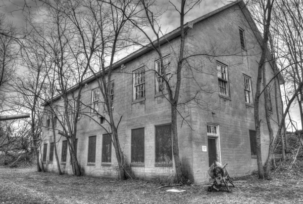 Échelle Gris Rapprochée Une Vieille Maison Abandonnée Entourée Arbres Dans — Photo