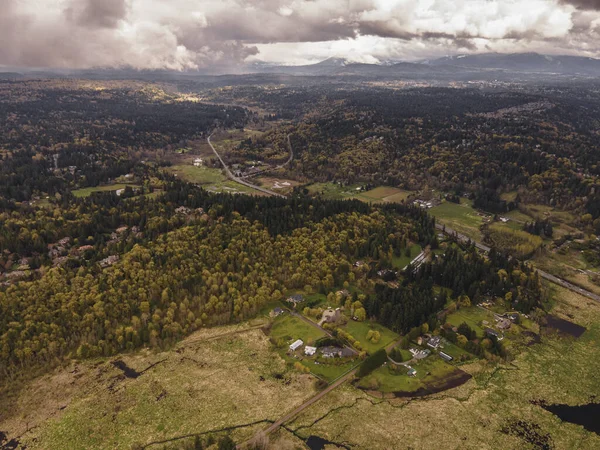 An aerial view of the King County in Redmond, Washington, USA under a cloudy sky