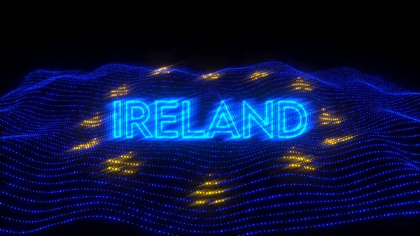 Illustration Irland Blå Neonbokstäver Med Mörk Bakgrund Över Flagga — Stockfoto