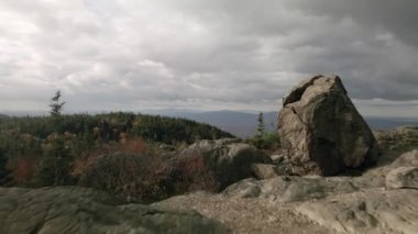 Bulutlu gökyüzünün altında sonbahar ağaçları olan dağ ormanlarında havadan yavaş bir hareket.