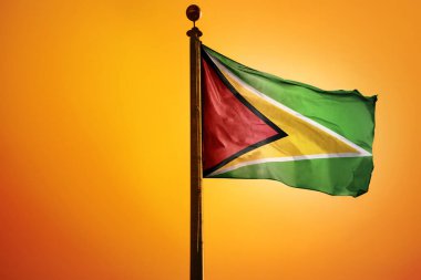 Turuncu bir arka planda izole edilmiş bayrak direğindeki Guyana bayrağı