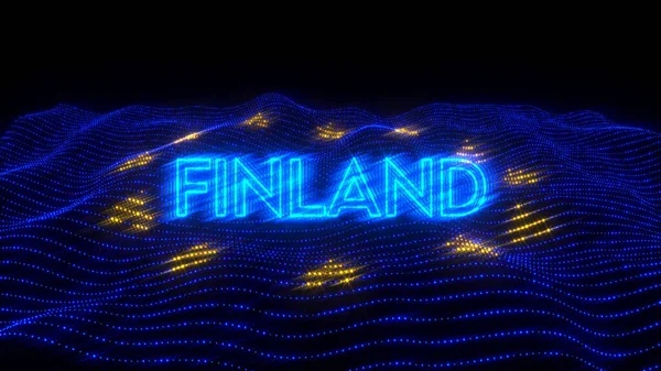 Ilustracja Kraju Finlandii Niebieskimi Neonami Ciemnym Tłem Nad Flagą — Zdjęcie stockowe