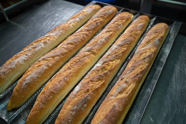 Widok Pięciu Świeżo Upieczonych Długich Bochenków Chleba Wyglądających Pysznie — Zdjęcie stockowe