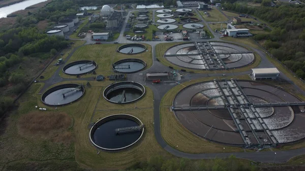 Aerial Shot Drone Wastewater Treatment Plant River Background — Stock Photo, Image