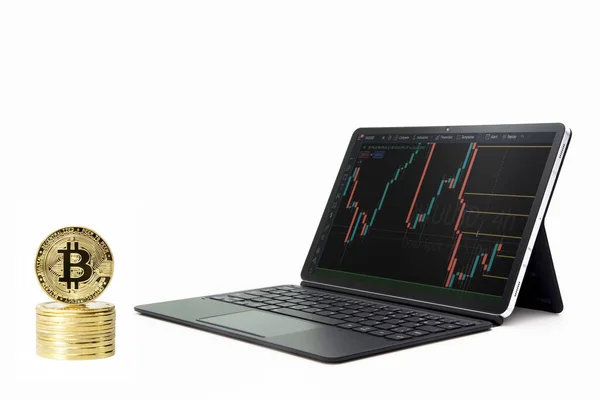 Uma Tela Com Bitcoin Trading Gráfico Forex Moedas Ouro Bitcoin — Fotografia de Stock