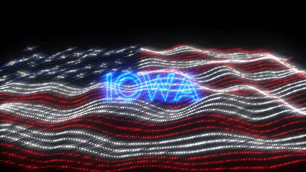 A waving flag of the USA with blue neon letters saying Iowa over a black background