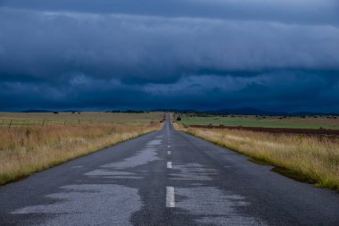 Kırsal alanlarda, bulutlu gökyüzünün altında akşam vakti uzun bir yol.