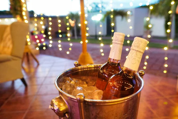 Closeup Shot Wine Bottles Ice Bucket Wedding Reception — Stock Photo, Image