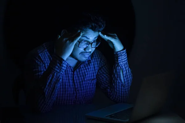 Business Man Feeling Tensed Headache Looking Laptop Screen Late Night — Stock Photo, Image