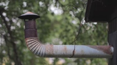 Bulanık bir arka planda, ormandaki eski paslı bir bacanın yakın çekimi.