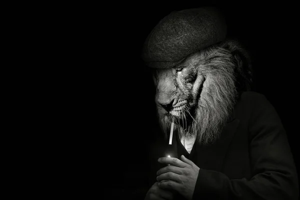 A smoking lion-headed man isolated on a black background