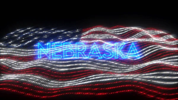 ネオンの文字でNebraska州のイラストデザインは 米国の波のフラグの上に暗い背景を持つ — ストック写真