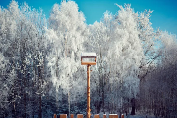 Een Prachtig Shot Van Een Houten Vogelvoederstand Met Besneeuwde Bomen — Stockfoto