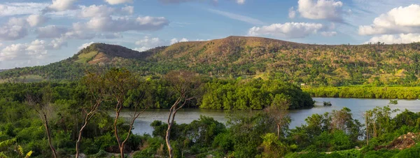 Panorama Florestas Tropicais Montanhas Rio Dia Nublado — Fotografia de Stock