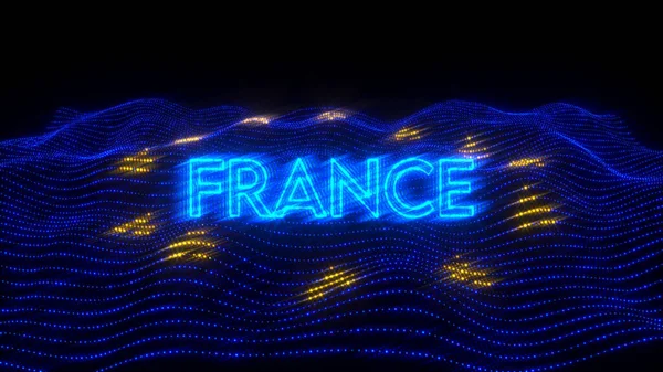 An illustration design of FRANCE country in blue neon letters with dark background over an EU flag