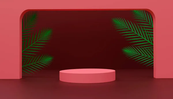 Een Weergave Van Kleurrijke Podium Met Palmbladeren Voor Product Display — Stockfoto