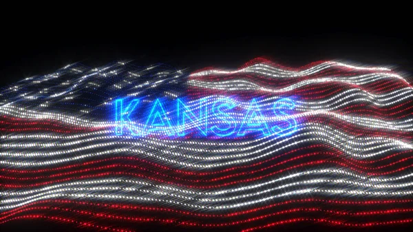 黒人の背景の上にカンザスと言っている青いネオンの手紙を持つ米国の波状の旗 — ストック写真