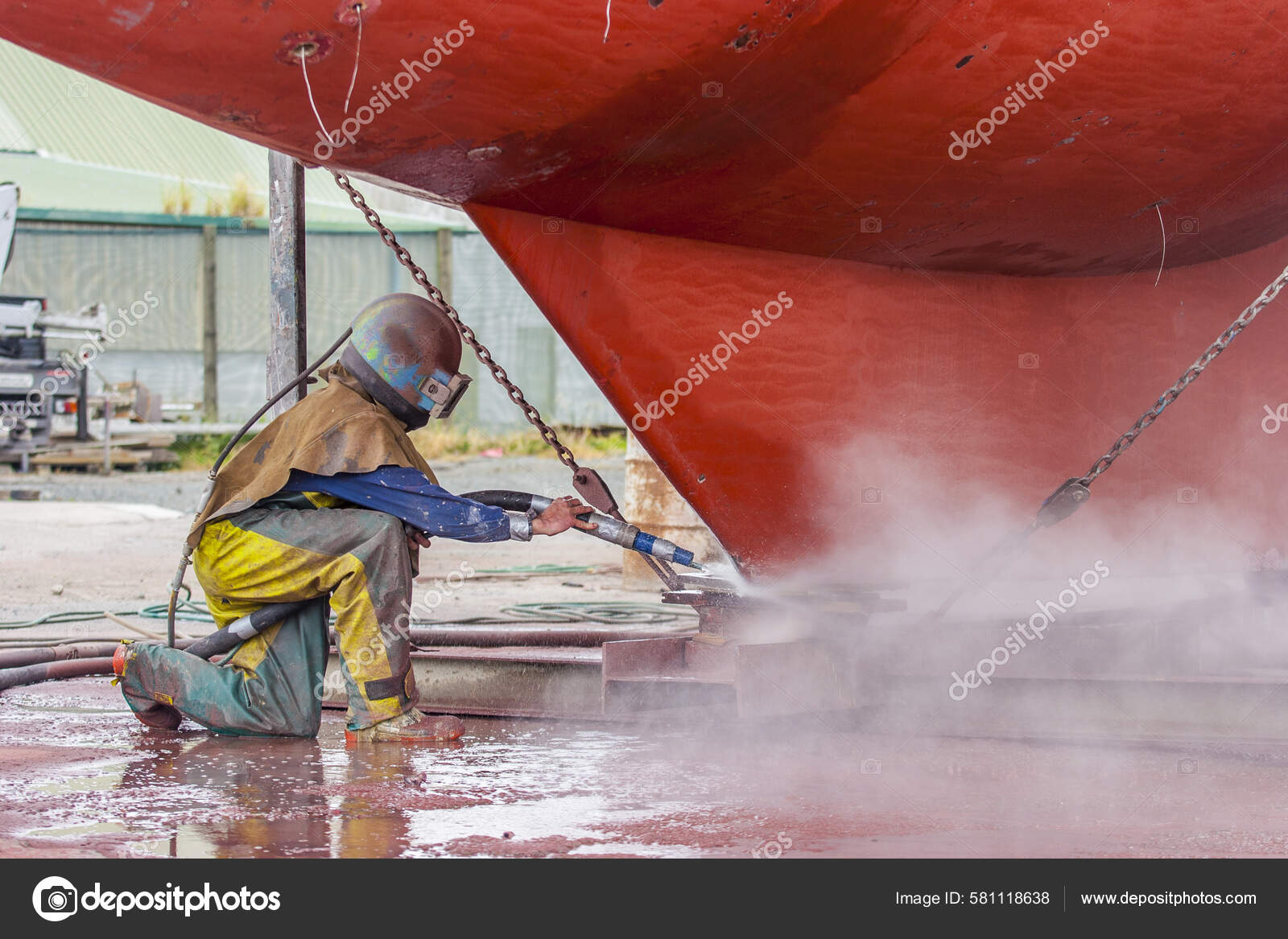 Worker Sandblasting Corroded Hull Sailing Vessel High Pressure ...