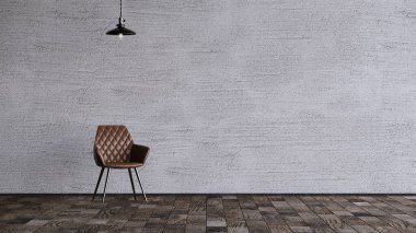 Duvarın önünde modern bir yemek sandalyesi.