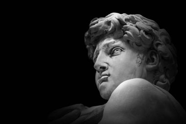 Michelangelo 'lu David' in siyah arka planda izole edilmiş gri tonlu bir görüntüsü.
