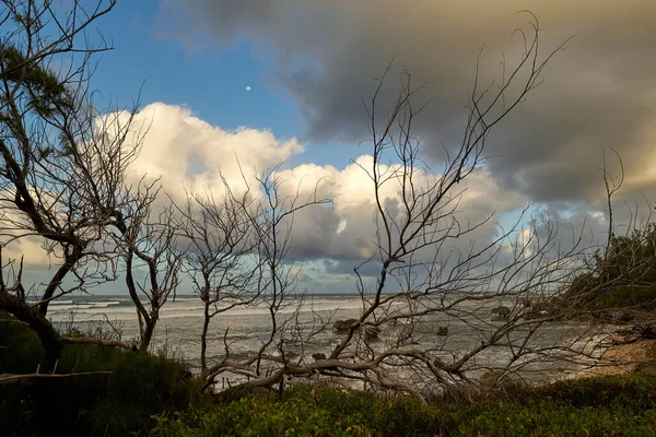 在多云的天空中 海滩岩石海岸的特写镜头 上面漂浮着两片浮物 — 图库照片