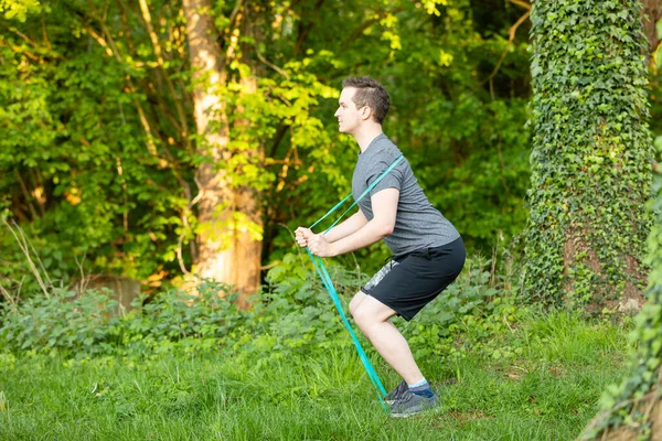 Young Caucasian Man Doing Fitness Workout Nature — Stock Photo, Image