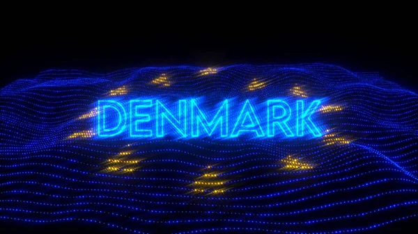 An illustration design of DENMARK country in blue neon letters with dark background over an EU flag