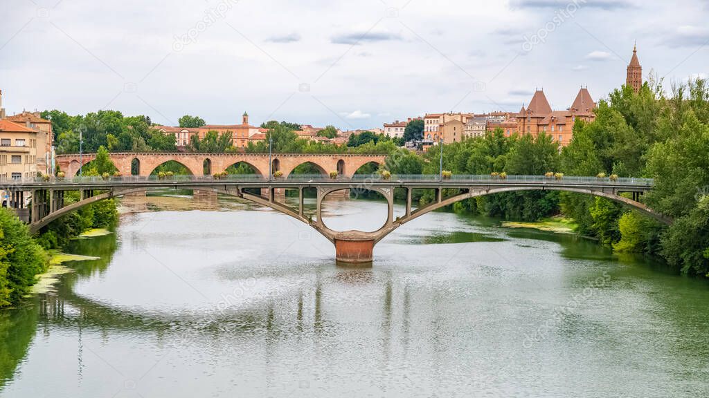 Montauban, beautiful french city in the South, old bridges on the river Tarn
