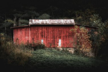 Çayırda ağaçlarla dolu eski bir ahır.