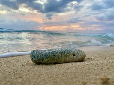 Barbados 'un güzel bulutlu günbatımında kumlu sahilde mavi okyanus dalgalarına karşı manzaralı bir taş manzarası