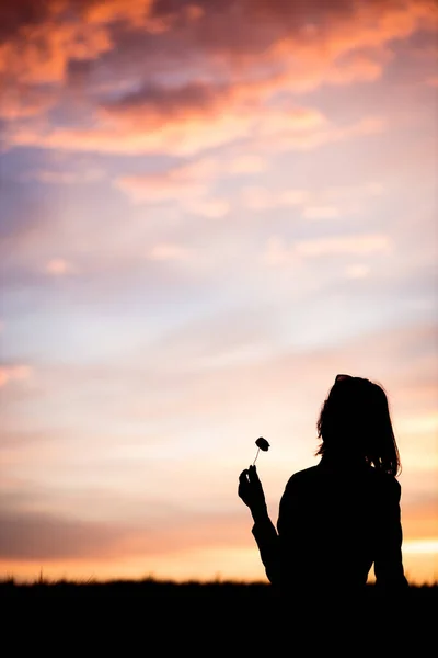 Tiro Vertical Silhueta Menina Segurando Uma Flor Contra Pôr Sol — Fotografia de Stock