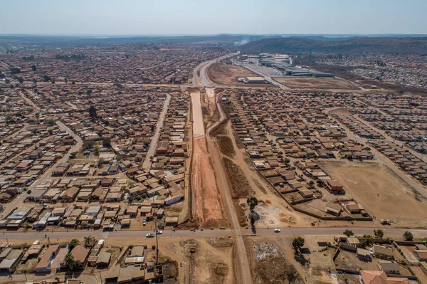 Aerial View Town Building Roofs Muddy Roads — Stock Photo, Image