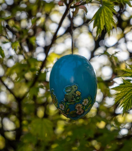 Egy Dekoratív Kék Húsvéti Tojás Függőleges Közelsége Lóg Faágon Kiválasztott — Stock Fotó