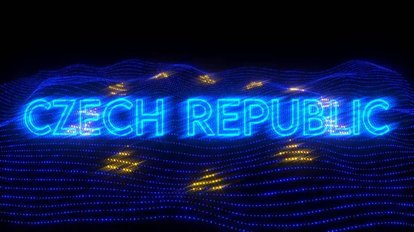 An illustration design of CZECH REPUBLIC country in blue neon letters with dark background over an EU flag