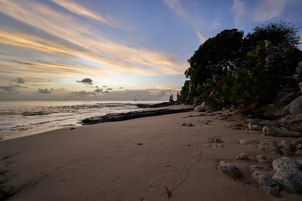 Tiro Praia Areia Contra Oceano Pôr Sol — Fotografia de Stock