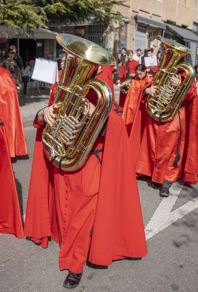Menschen Mit Musikinstrumenten Bei Den Prozessionen Der Karwoche Valladolid Spanien — Stockfoto
